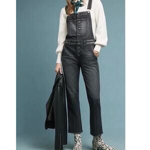 AMO Bella Overalls Womens L Button Front Denim Bib Raven Washed Black Jumpsuit